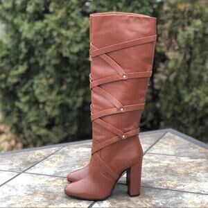 Aquazzura Cognac Luggage New Bel Air Knee High Calf Leather Boots 7.5 $1,395